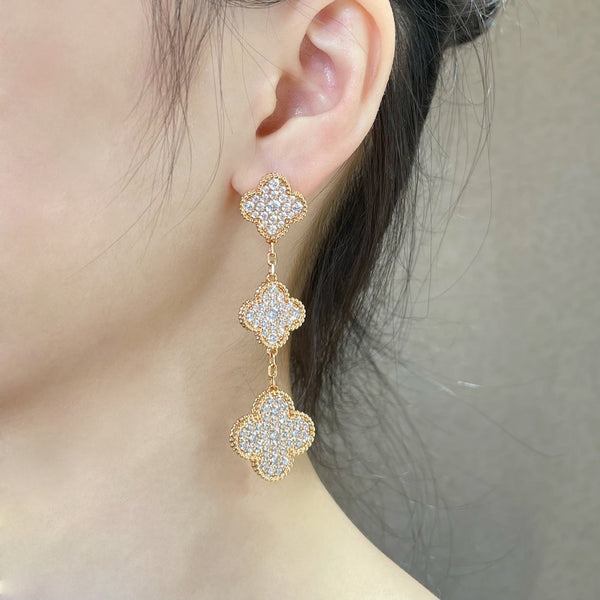 ˇMagic JewelryˇCLOVER 3 MOTIFS DIAMOND PAVED ROSE GOLD EARRINGS