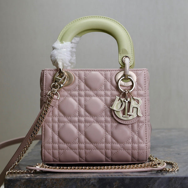 MINI LADY BAG 17 IN BABY PINK QUILTED MACROCANNAGE CALFSKIN SWAMP YELLOW STRAP