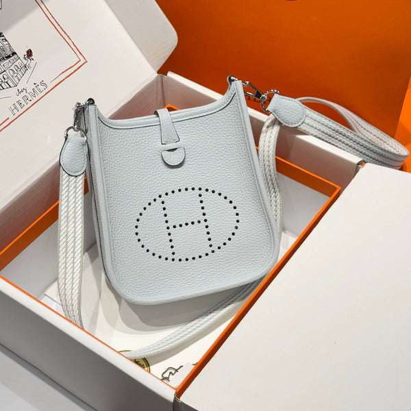 HERMES 25S MINI EVELYNE 18 IN MIST BLUE PATTERNED STRAP CALFSKIN SILVER HARDWARE