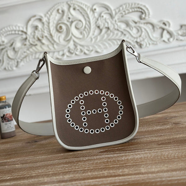 MINI NEO 17 EVELYNE BAG IN WENGE BROWN CANVAS AND WHITE CALFSKIN