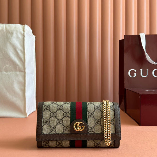 OPHIDIA WALLET ON GOLD CHAIN 19 IN BEIGE AND DARK BROWN CANVAS AND BROWN CALFSKIN