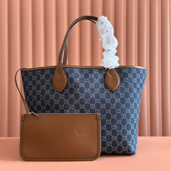 LARGE TOTISSIMA REVERSIBLE TOTE 30.5 IN DARK BLUE DENIM ONE SIDE GREY SUEDE