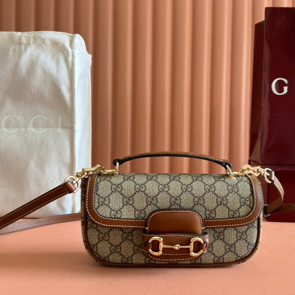 SMALL HORSEBIT 1955 SHOULDER BAG 22.6 IN BEIGE/EBONY GG WITH BROWN CALFSKIN TRIM