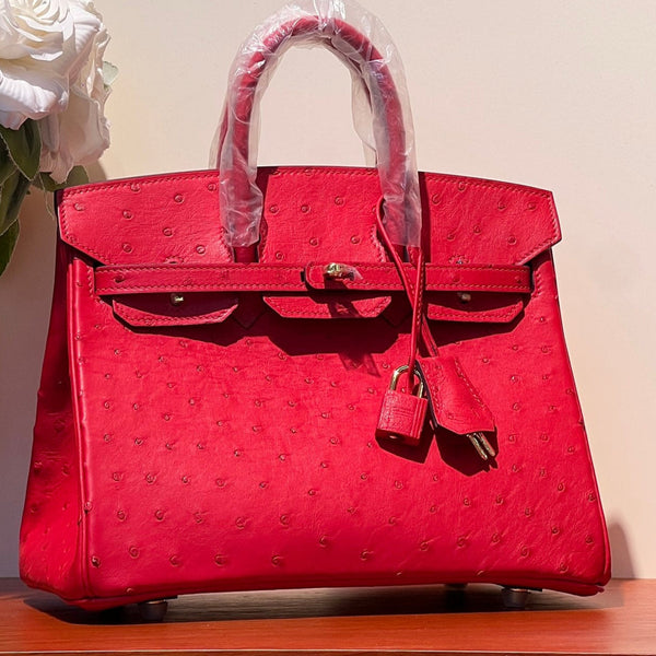 KELLY SELLIER 25 BAG IN CLASSIC RED OSTRICH LEATHER WITH GOLD HARDWARE (MADE-TO-ODER)