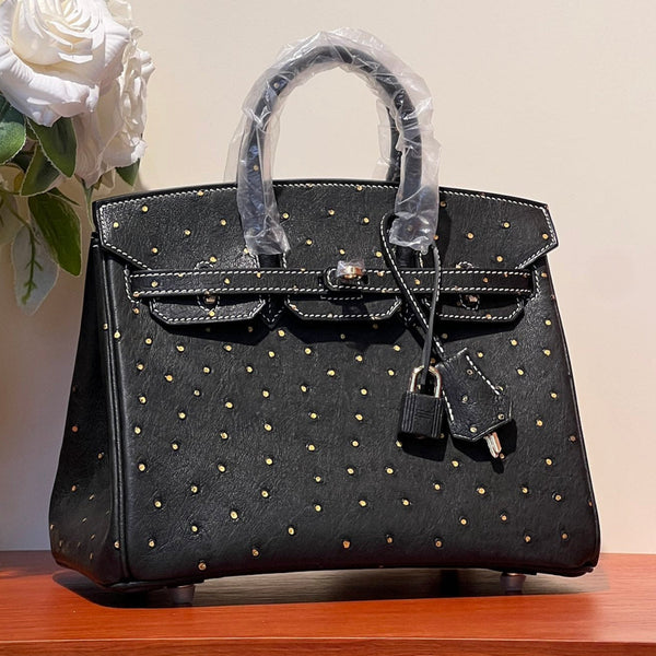 KELLY SELLIER 25 BAG IN BLACK OSTRICH LEATHER WITH GOLD RHINSTONES (MADE-TO-ODER)