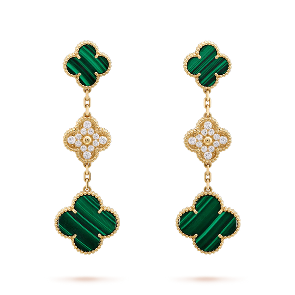 ˇMagic JewelryˇCLOVER EARRINGS GOLD MALACHITE DIAMOND 3 MOTIF